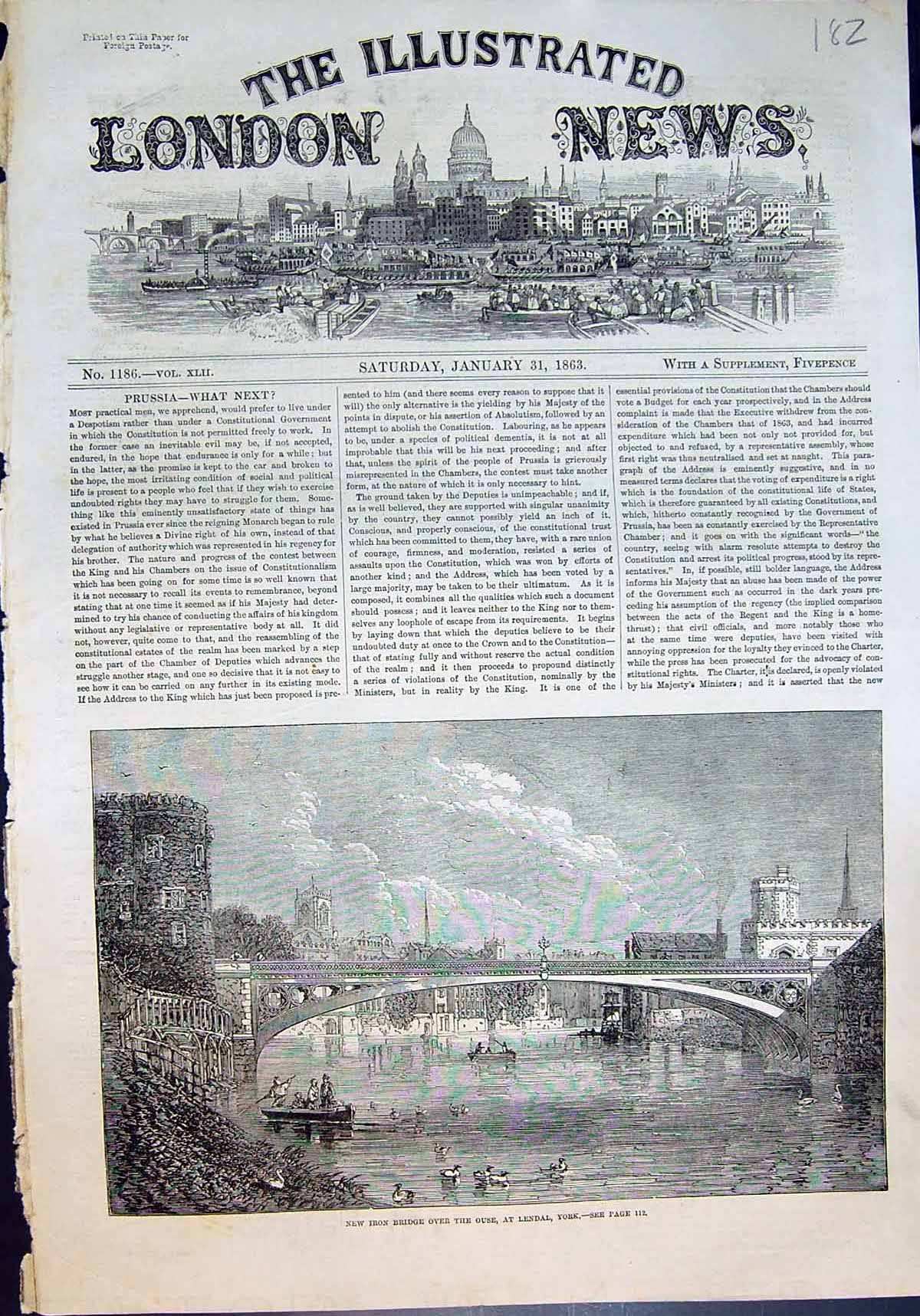 Original Old Antique Print New Iron Bridge Over Ouse Lendal York 1863 Victorian