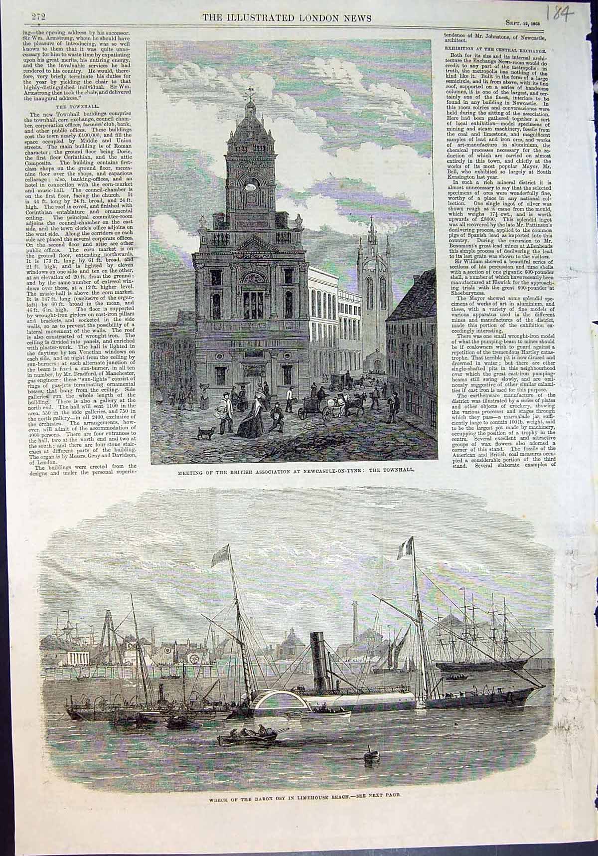 Old Print Wreck Baron Osy Limehouse Reach Townhall Newcastle On Tyne 1863 19th