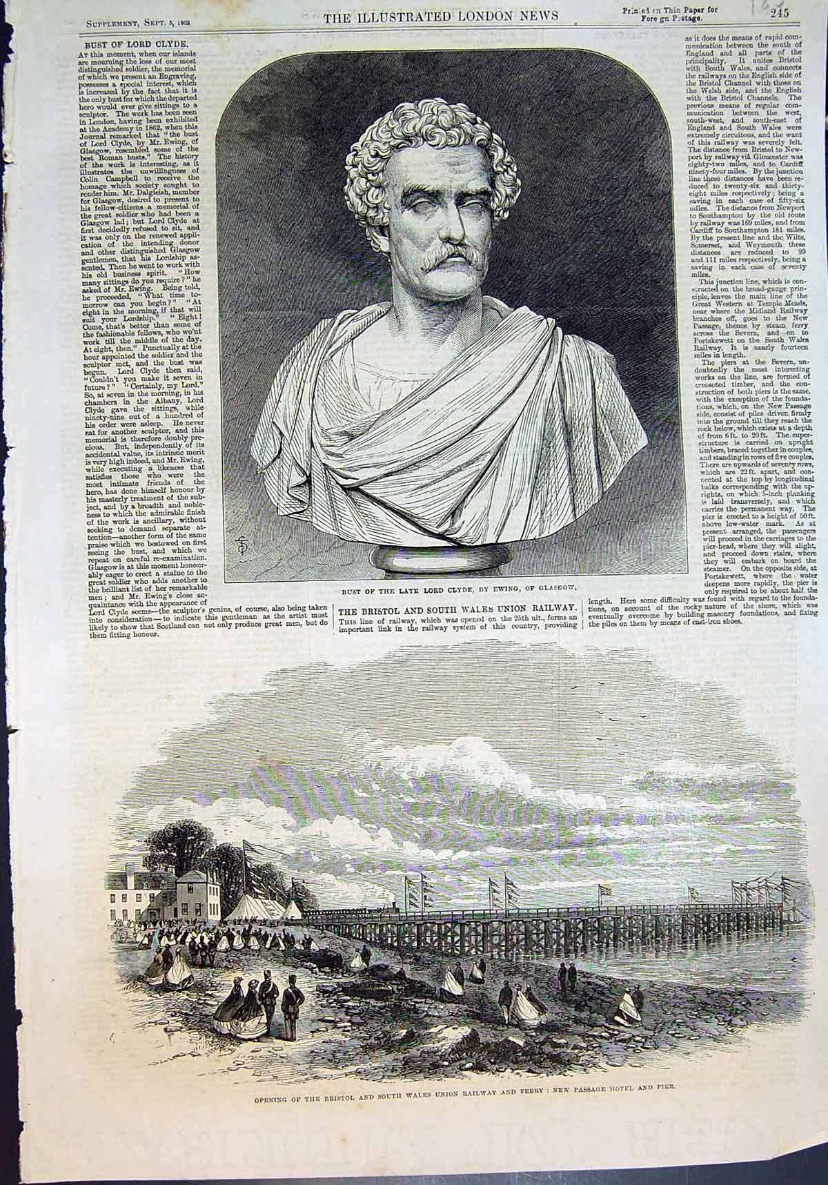 Old Print Bust Lord Clyde Opening Bristol S Wales Railway Hotel Pier 1863 19th