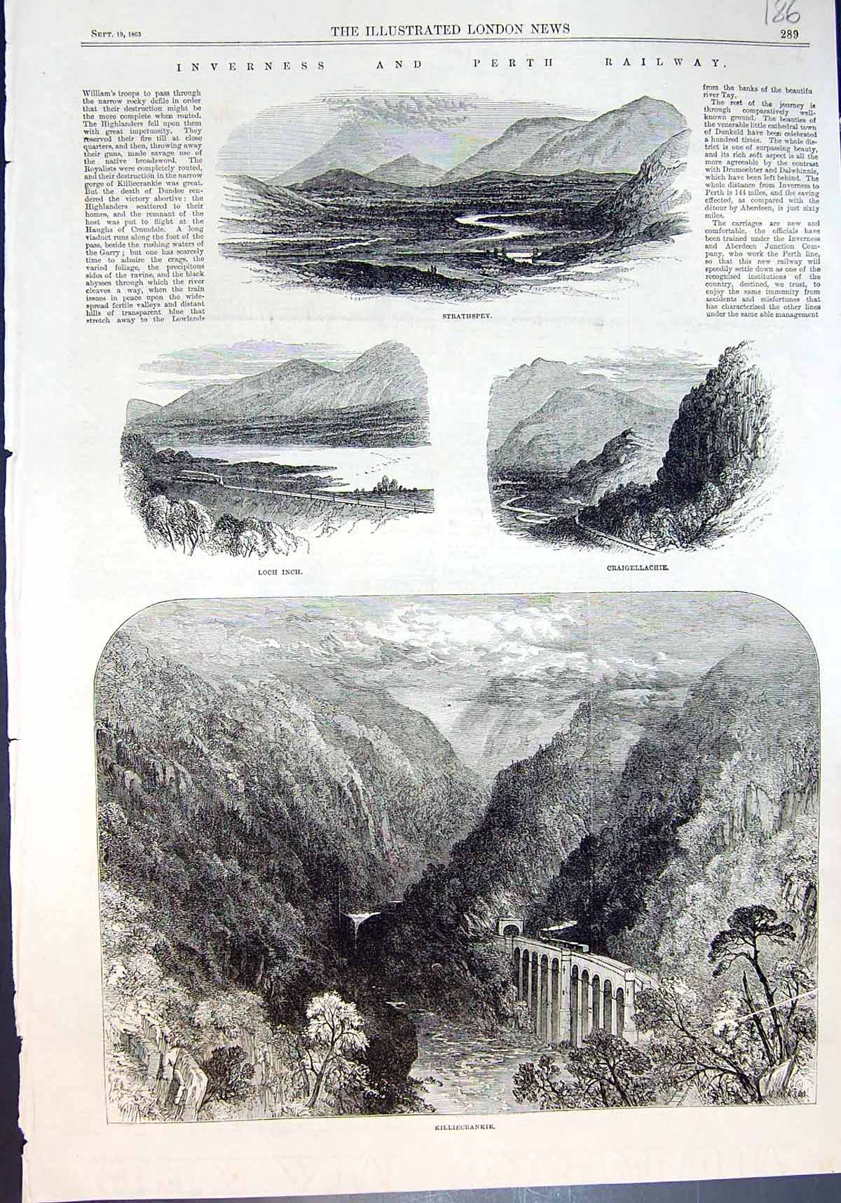 Old Print Inverness Perth Railway Killiecrankie Loch Inch Strathspey 1863 19th