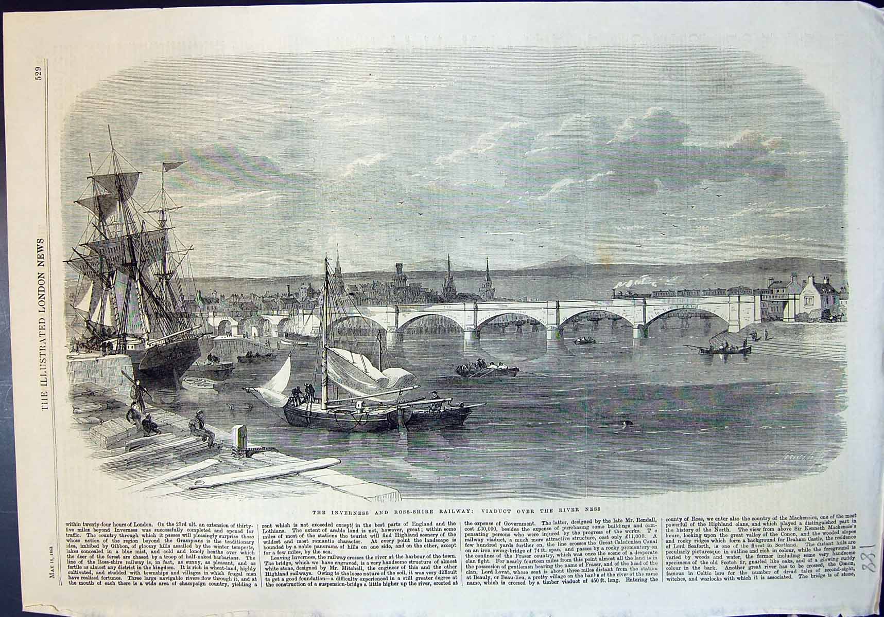 Antique Old Print Inverness Ross-Shire Railway Viaduct Over River Ness 1863