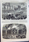 Old Print Burning Jersey Theatre Lord Palmerston Sailors Home London 1863 19th