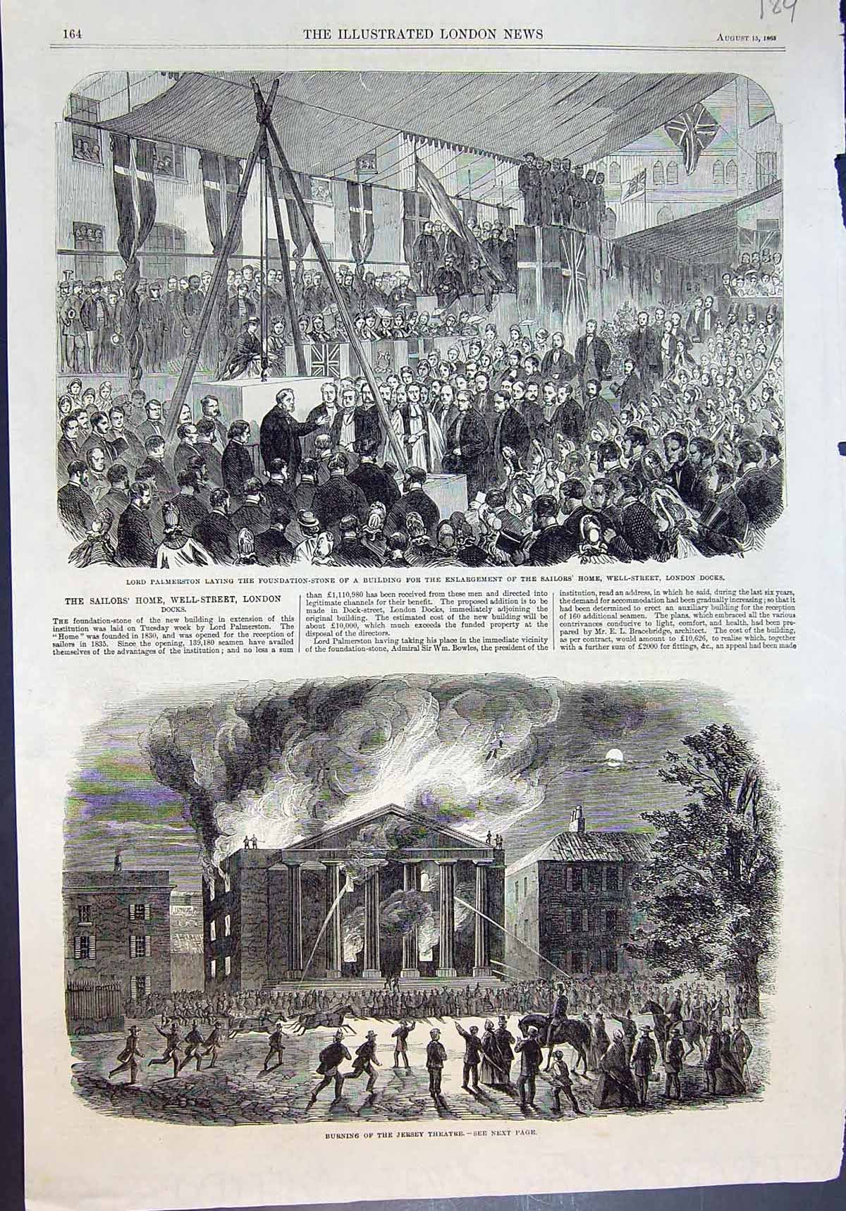 Old Print Burning Jersey Theatre Lord Palmerston Sailors Home London 1863 19th