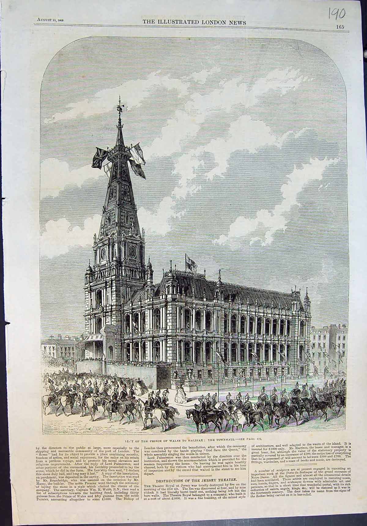 Original Old Antique Print Visit Prince Wales Halifax Townhall 1863 Victorian