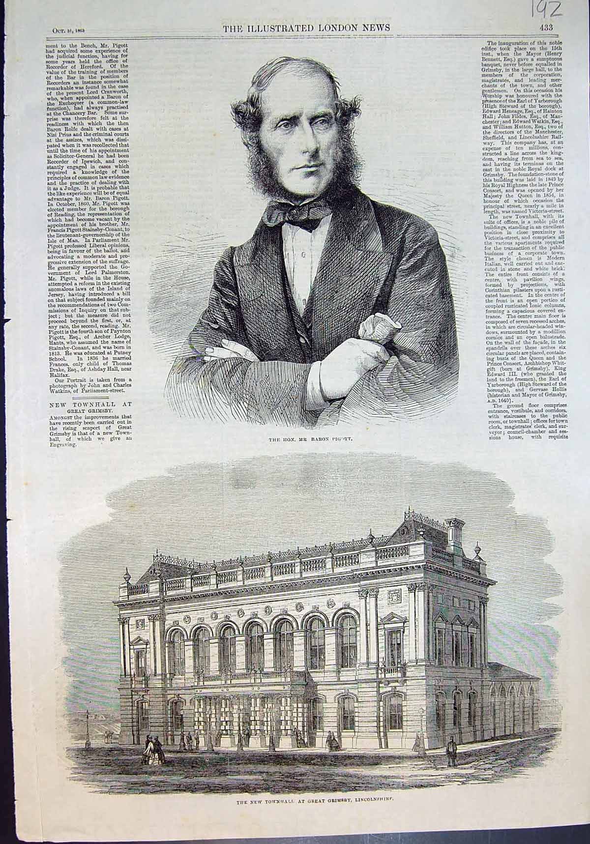 Antique Print Mr Baron Pigott New Townhall Great Grimsby Lincolnshire 1863 19th