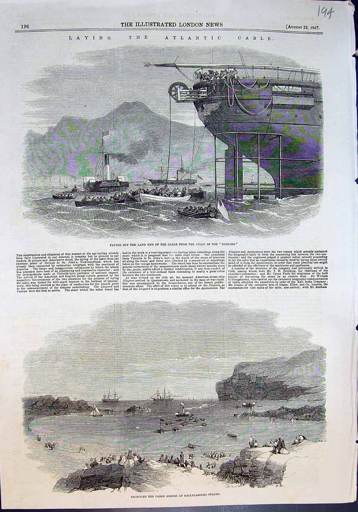 Old Print Laying Atlantic Cable Land End Stern Niagara Ballylarberg 1857 19th
