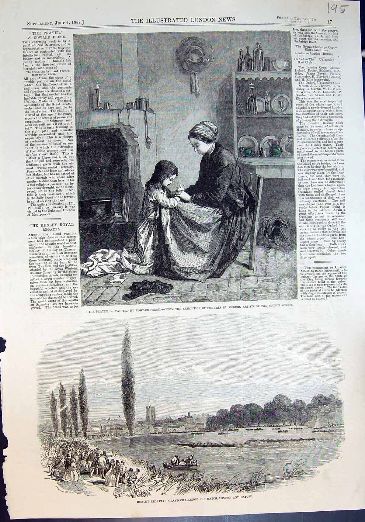 Antique Old Print Prayer Edward Frere Henley Regatta Match London Oxford 1857