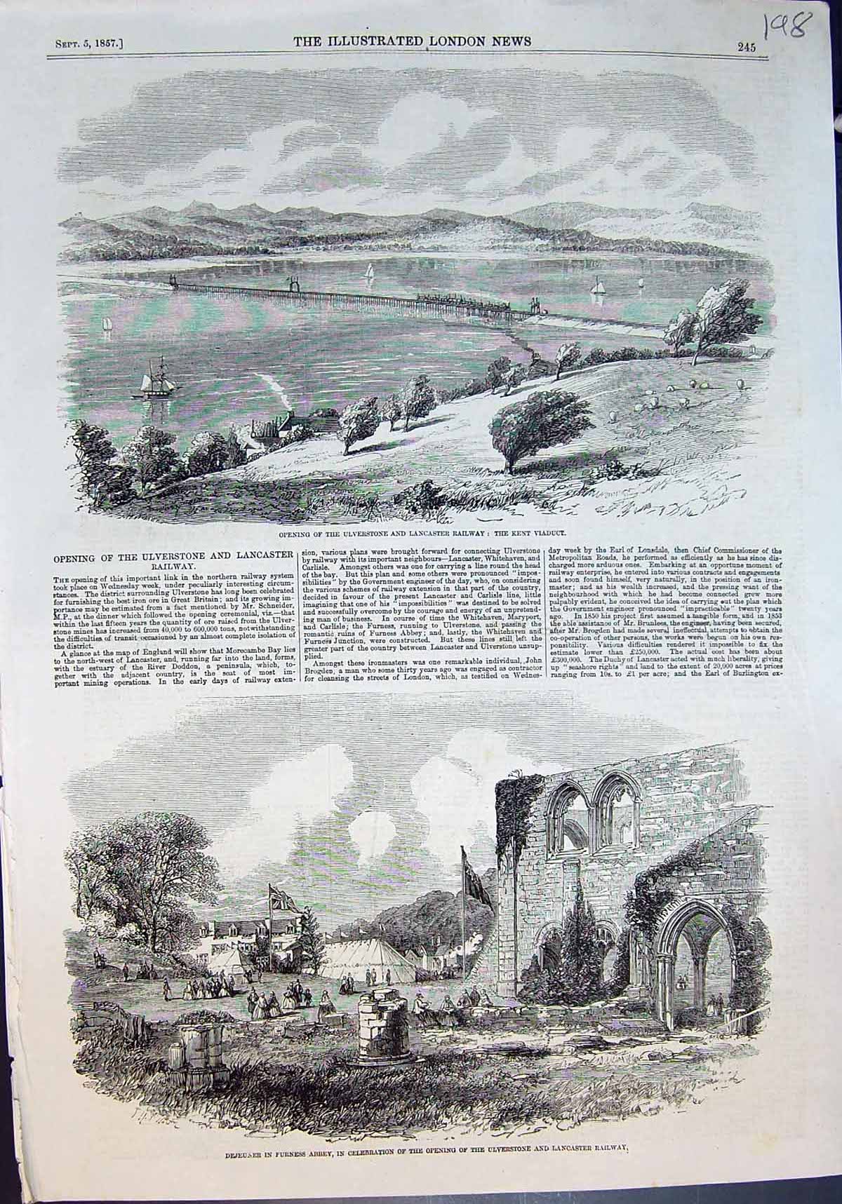 Antique Print Opening Ulverstone Lancaster Railway Kent Viaduct Dinner 1857