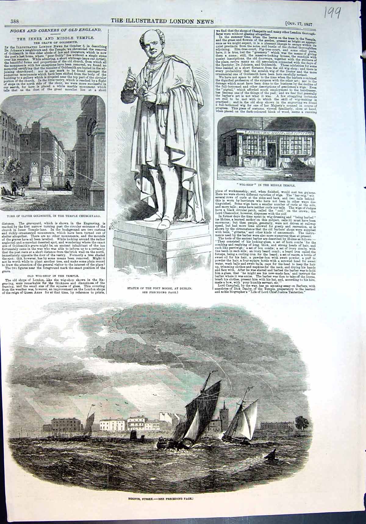 Antique Print Statue Poet Moore Dublin Bognor Sussex Tomb Oliver Gsmith1857