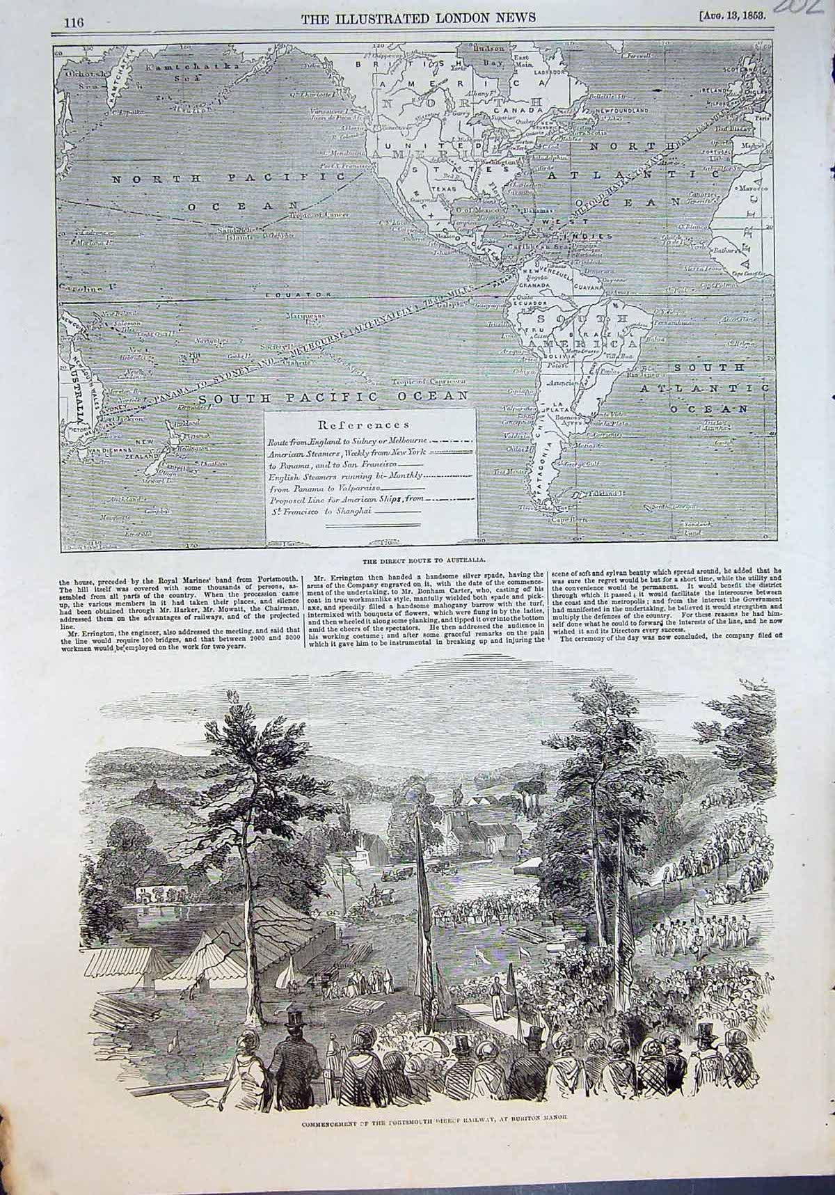 Old Map Direct Route Australia Portsmouth Direct Railway Burton 1853 Victorian