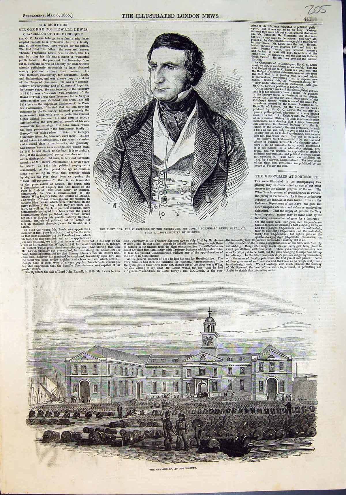 Antique Print Gun Wharf Portsmouth Chancellor Exchequer George C Lewis 1855