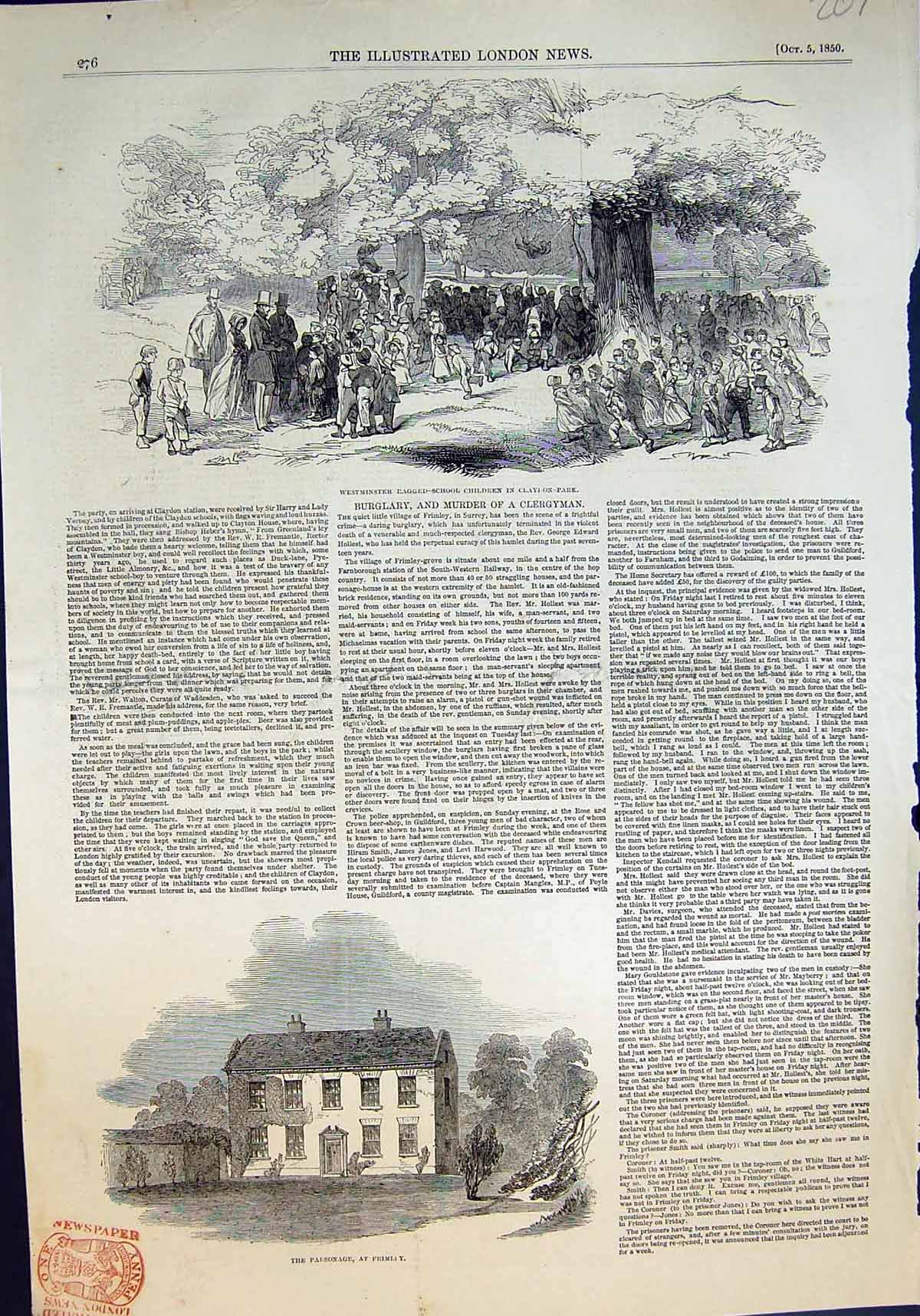 Antique Old Print Ragged School Children Claydon Park Parsonage Frimley 1850