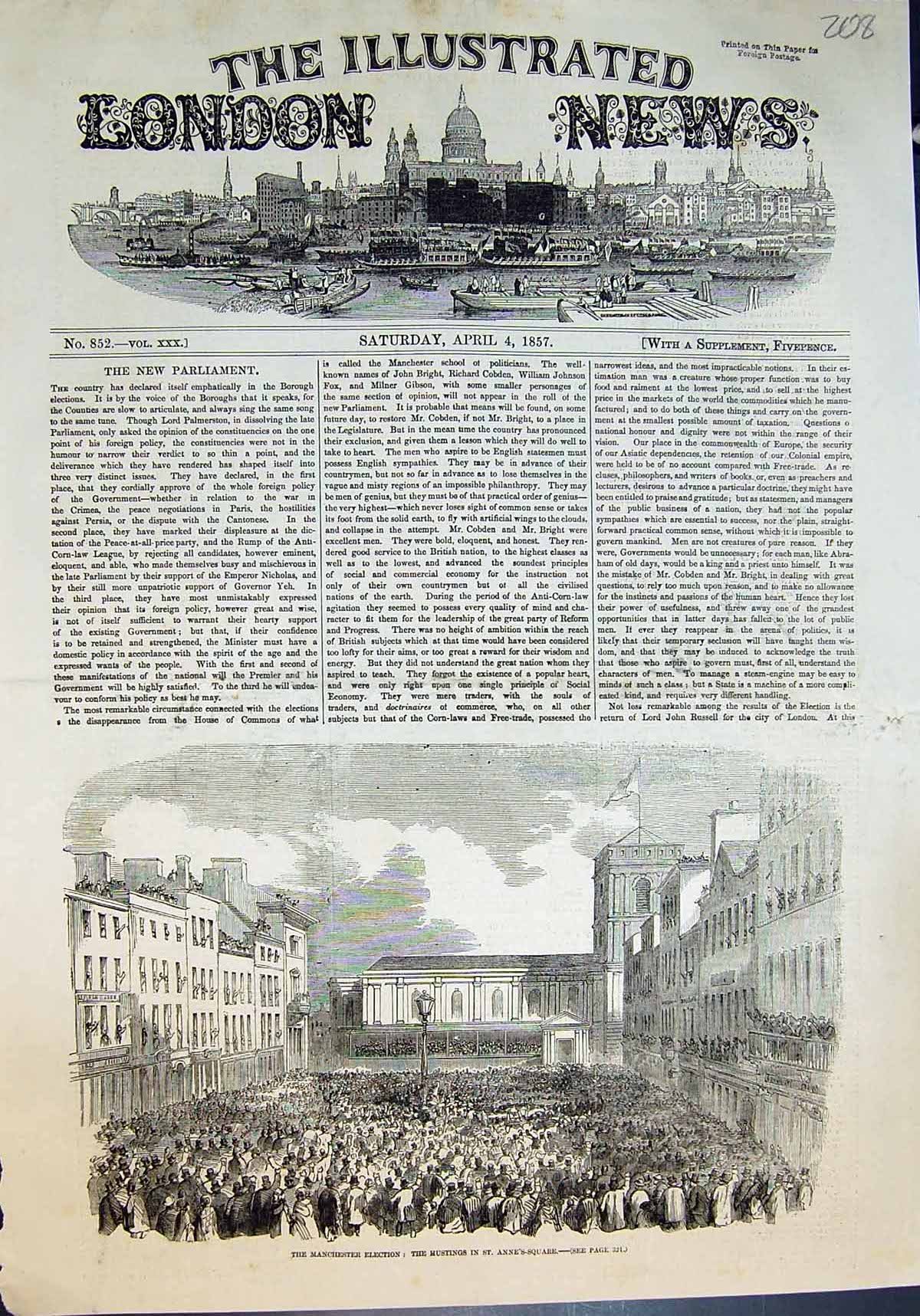 Original Old Antique Print Manchester Election Hustings St Annes Square 1857