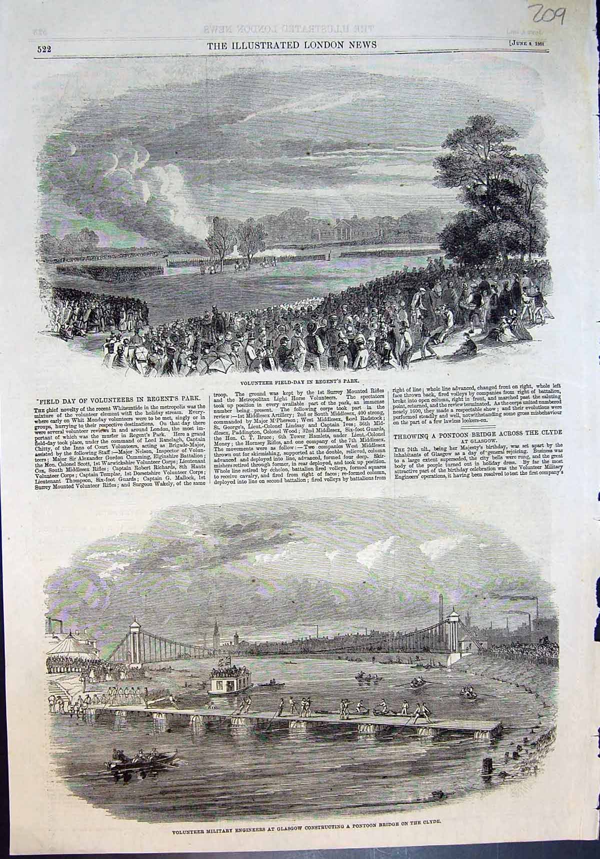 Old Volunteer Field Day Regents Pk Pontoon Bridge Clyde Glasgow 1861 Victorian