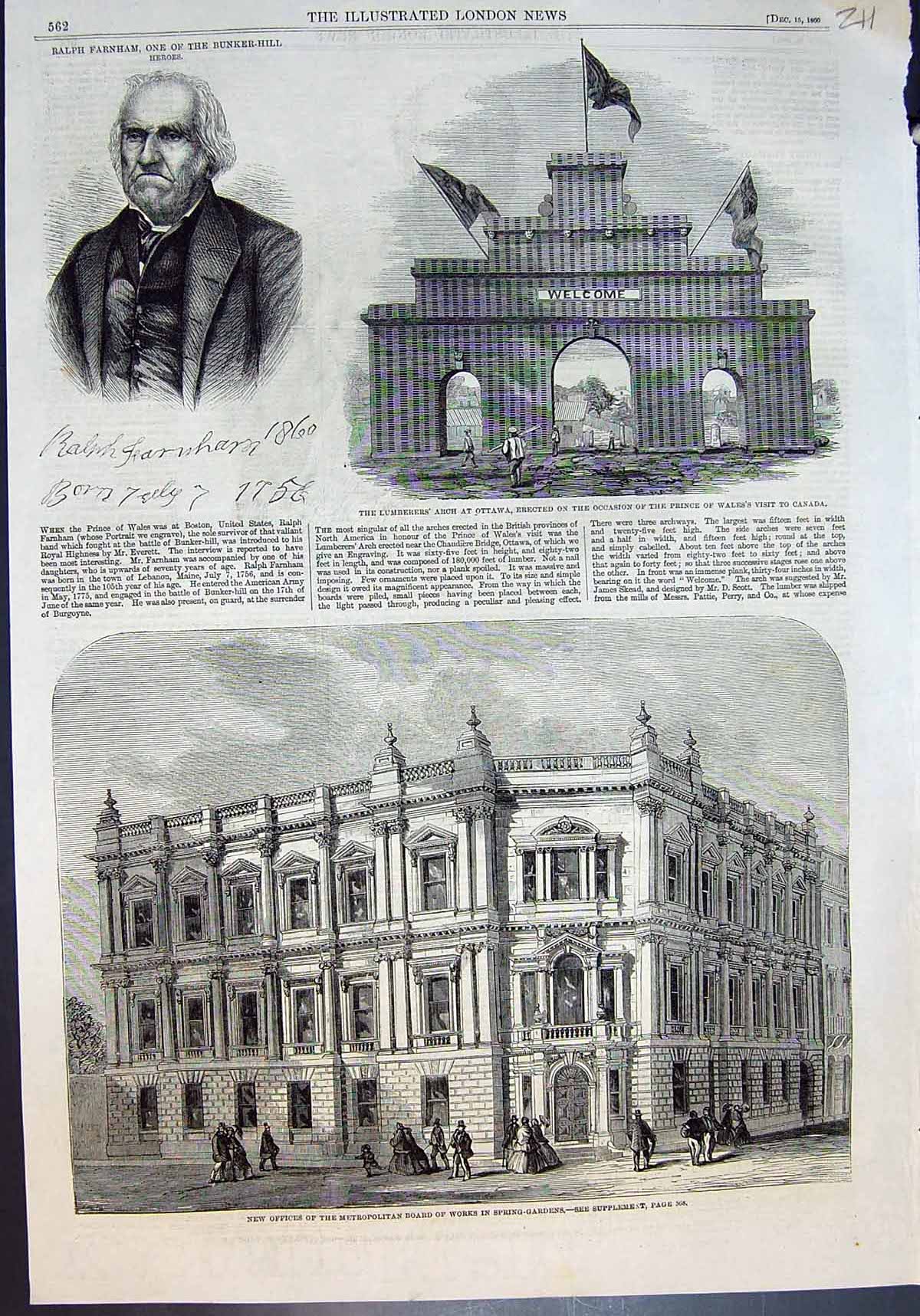 Antique Old Print Ralph Farnham Lumberers Arch Ottawa Metro Board Works 1860