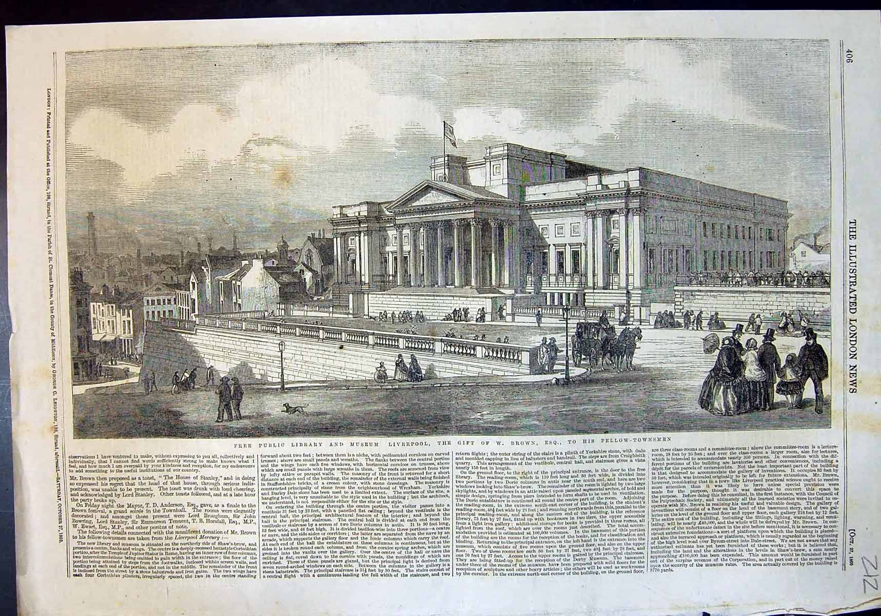 Old Print Free Public Library Museum Liverpool Gift W Brown Townsmen 1860 19th
