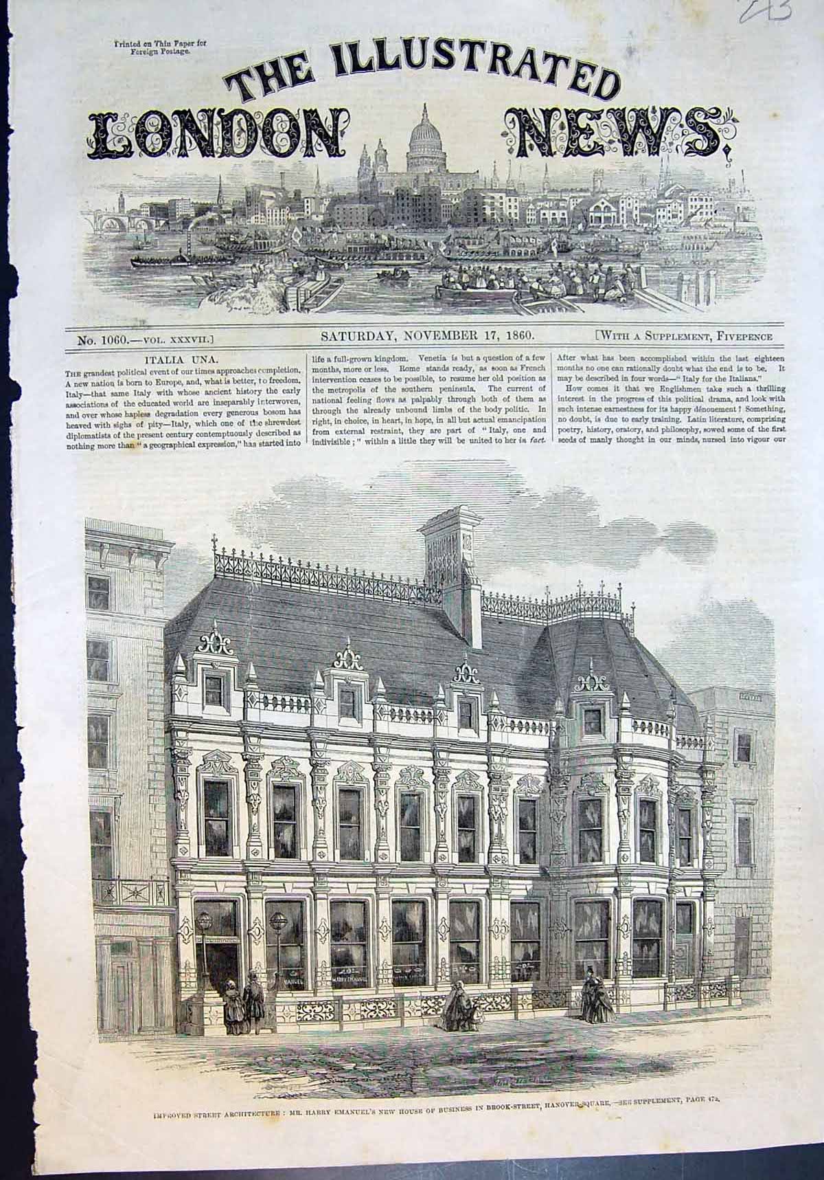 Old Print Harry Emanuels New House Business Brook St Hanover Square 1860 19th