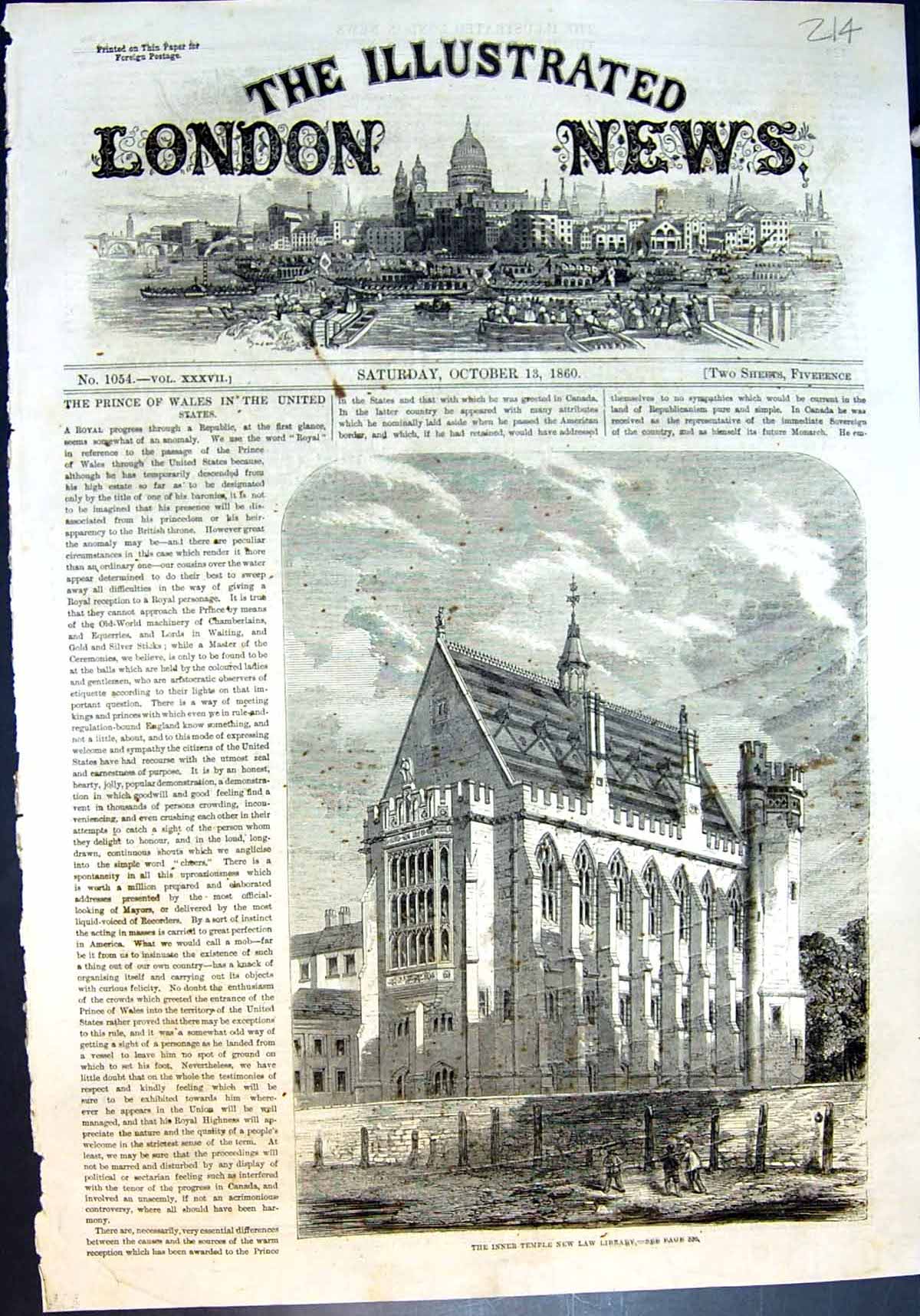 Original Old Antique Print Inner Temple New Law Library Exterior 1860 Victorian