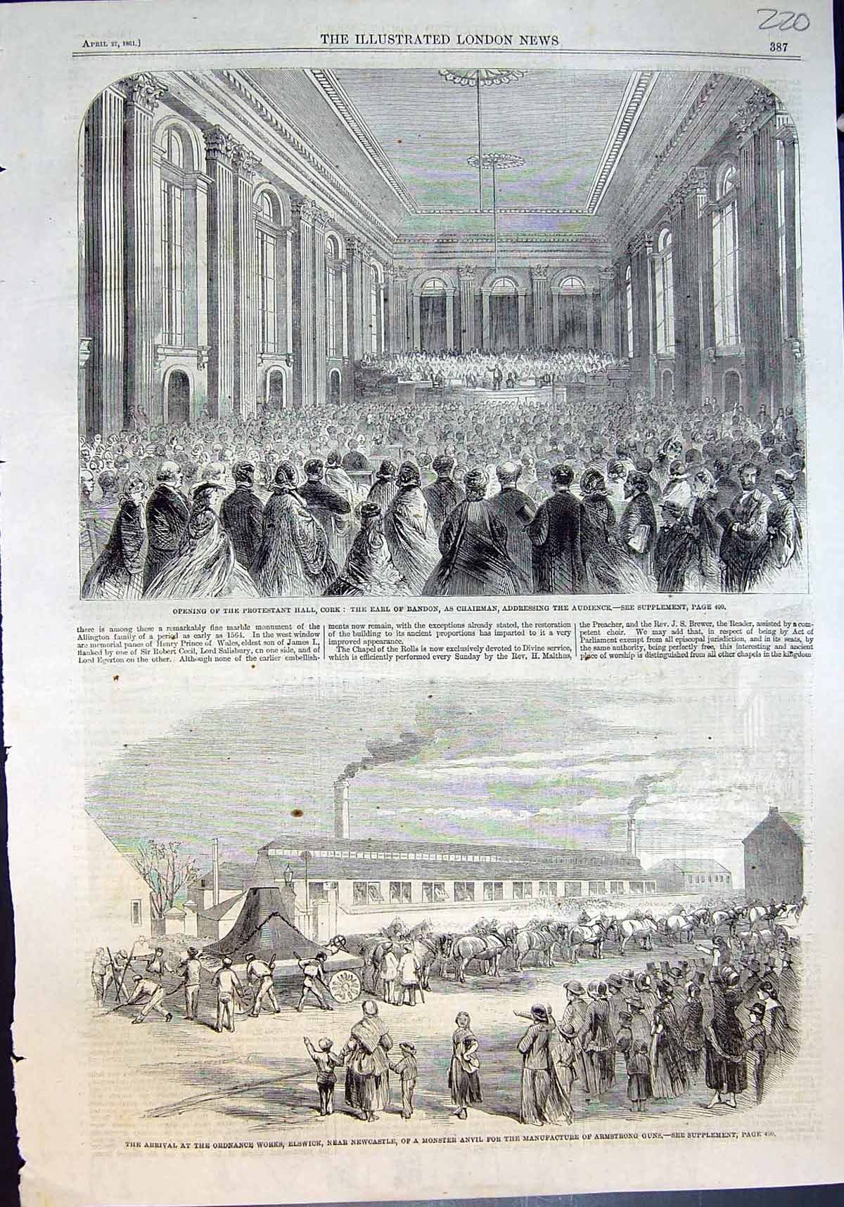Antique Print Earl Bandon Protestant Hall Cork Ordnance Works Elswick 1861 19th