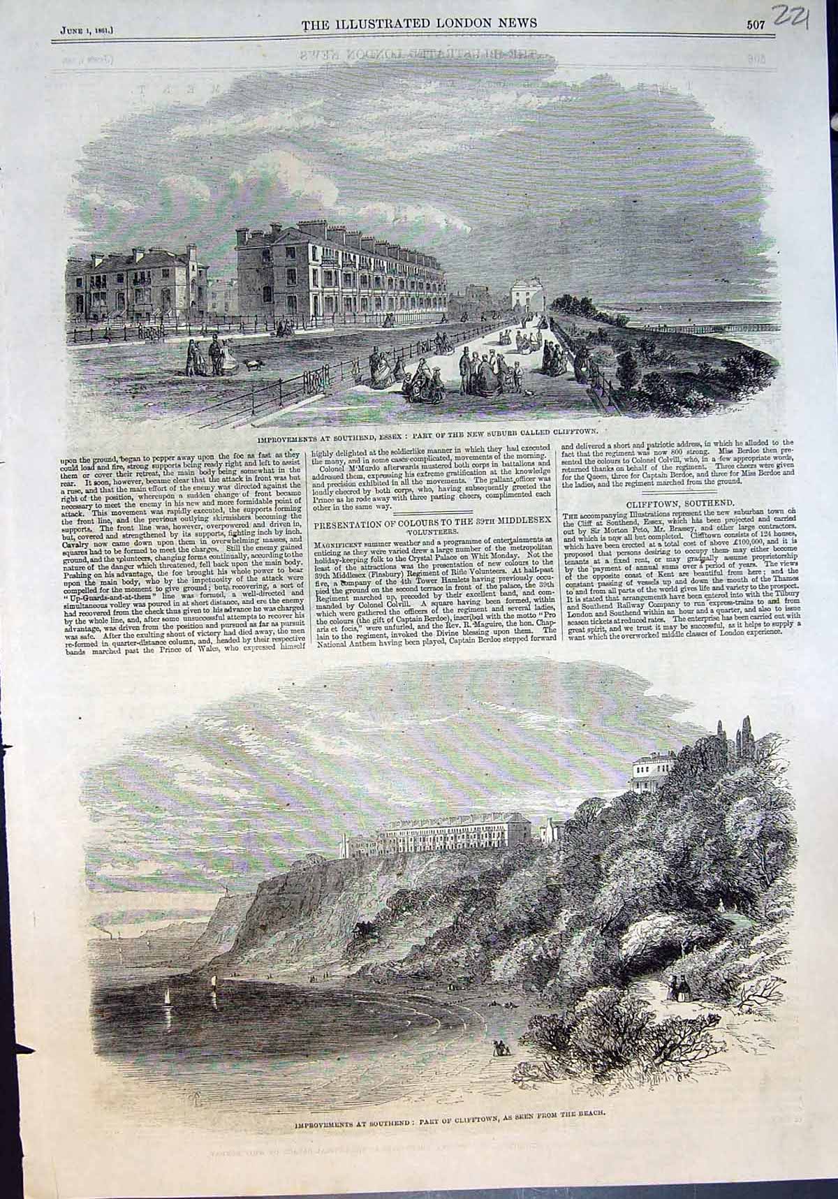 Antique Old Print Improvements Southend Essex New Suburb Clifftown Beach 1861