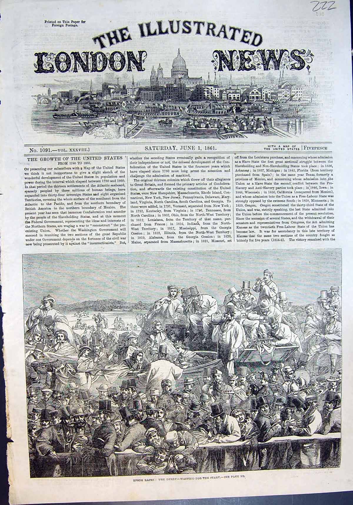 Original Old Antique Print Epsom Races Derby Waiting For Start 1861 Victorian