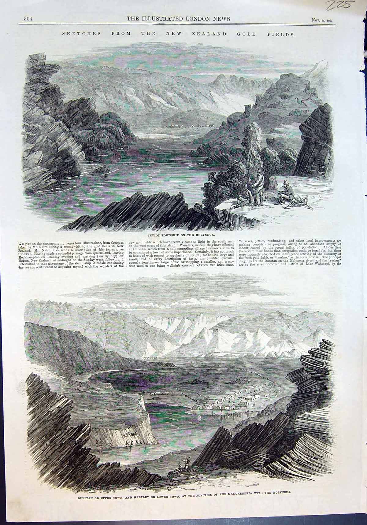 Antique Old Print New Zealand GFields Teviot Molyneux Dunstan Hartley 1863 19th