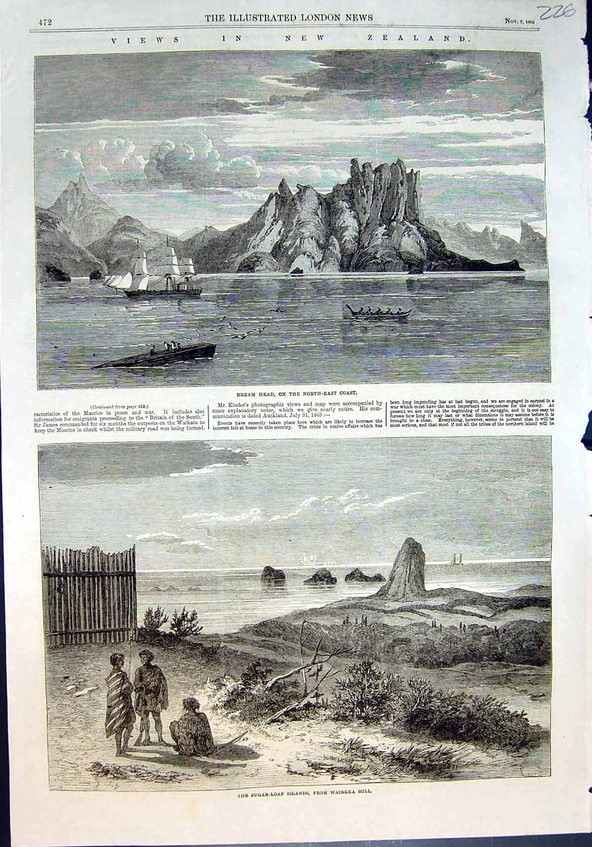 Antique Old Print New Zealand Bream Head Sugar Loaf Islands Waireka Hill 1863
