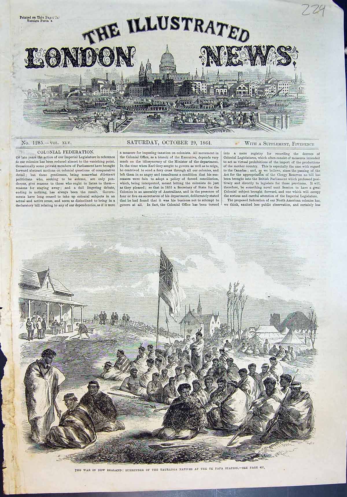 Old Print War New Zealand Surrender Tauranga Natives Te Papa Station 1864 19th