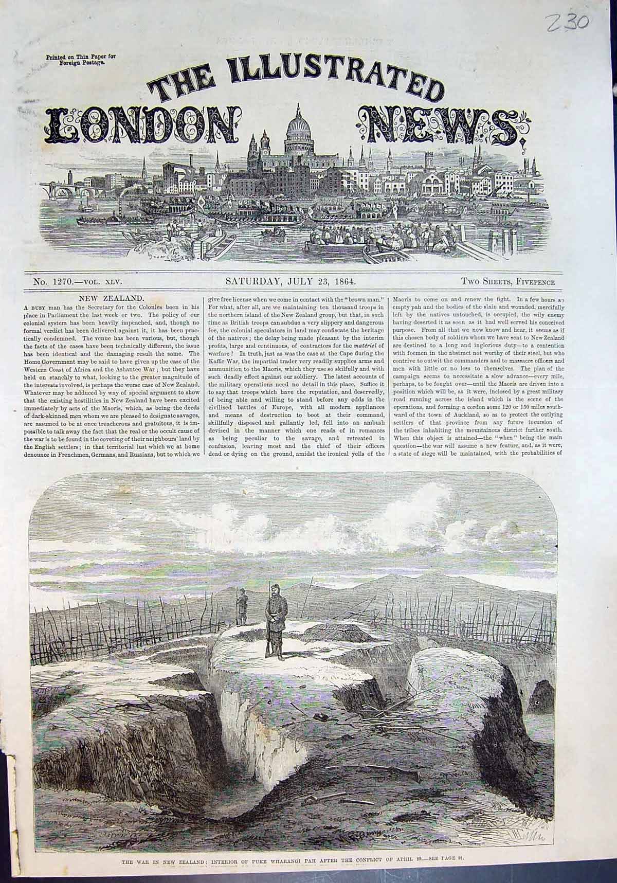 Old Print War New Zealand Interior Puke Wharangi Pah After Conflict 1864 19th