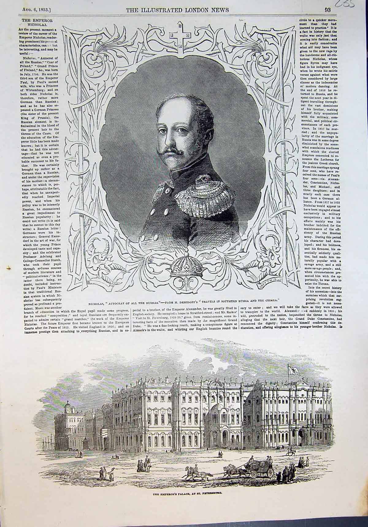 Antique Print Nicholas Autocrat Russians Emperors Palace St Petersburg 1853