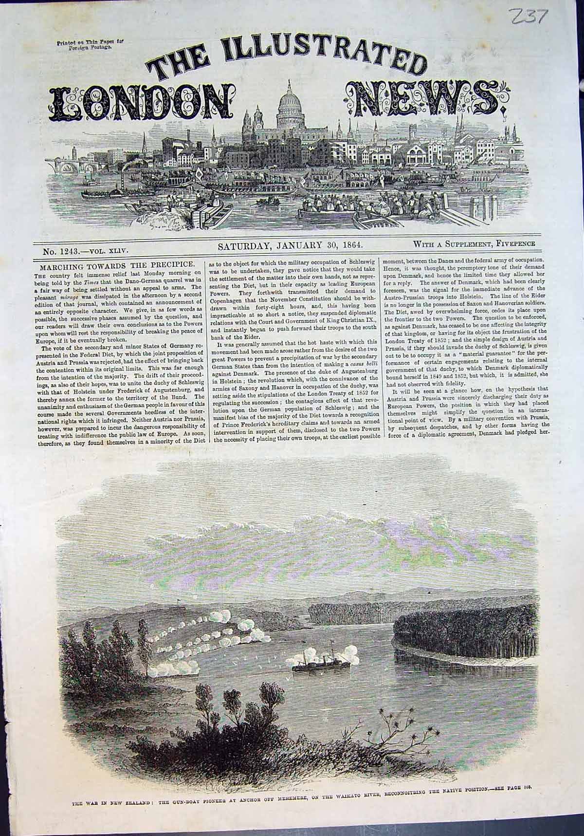 Old Print War New Zealand Gun Boat Pioneer Meremere Native Position 1864 19th