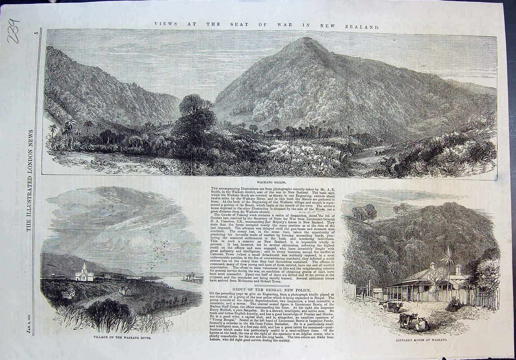 Old Print War New Zealand Waikato Heads Village River Settlers House 1864 19th