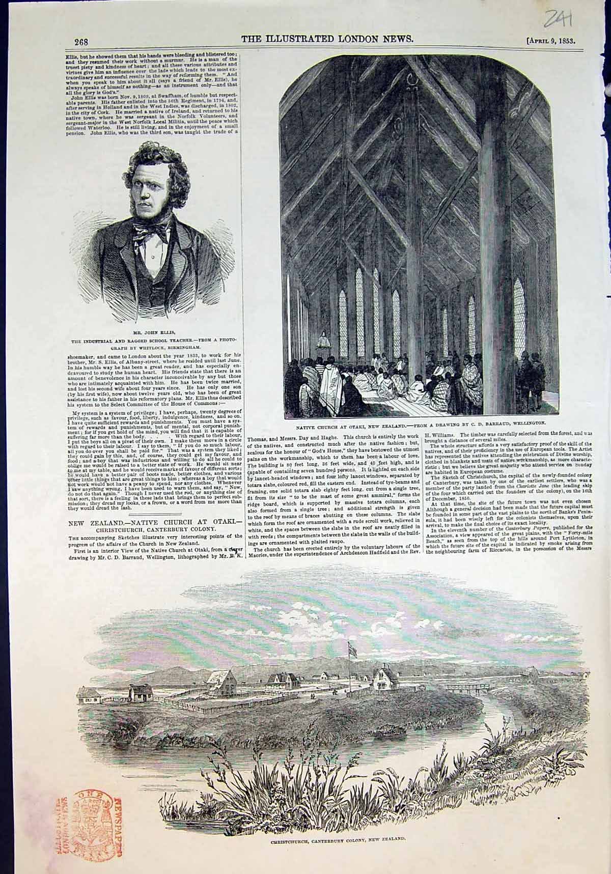 Old Print John Ellis Ragged Teacher Native Church Otaki Christchurch 1853 19th