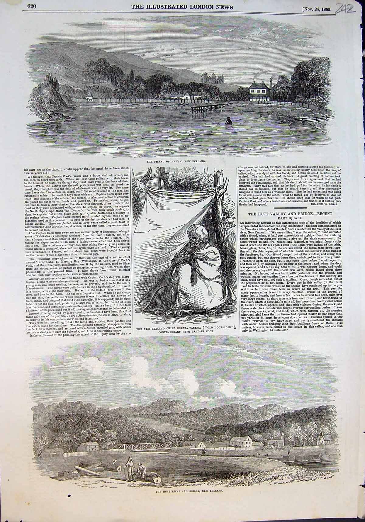 Antique Print New Zealand Chief Hook Nose Island Kawan Hutt River Bridge 18