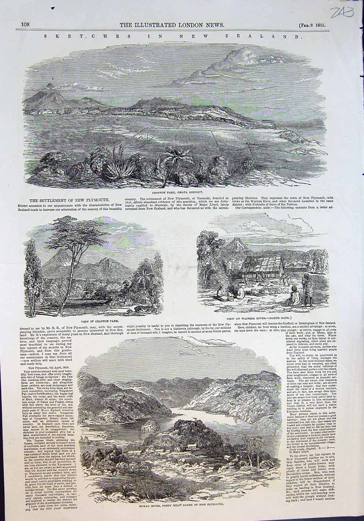 Antique Print New Zealand Crofton Park Omata Mokau River Waitera River 1851