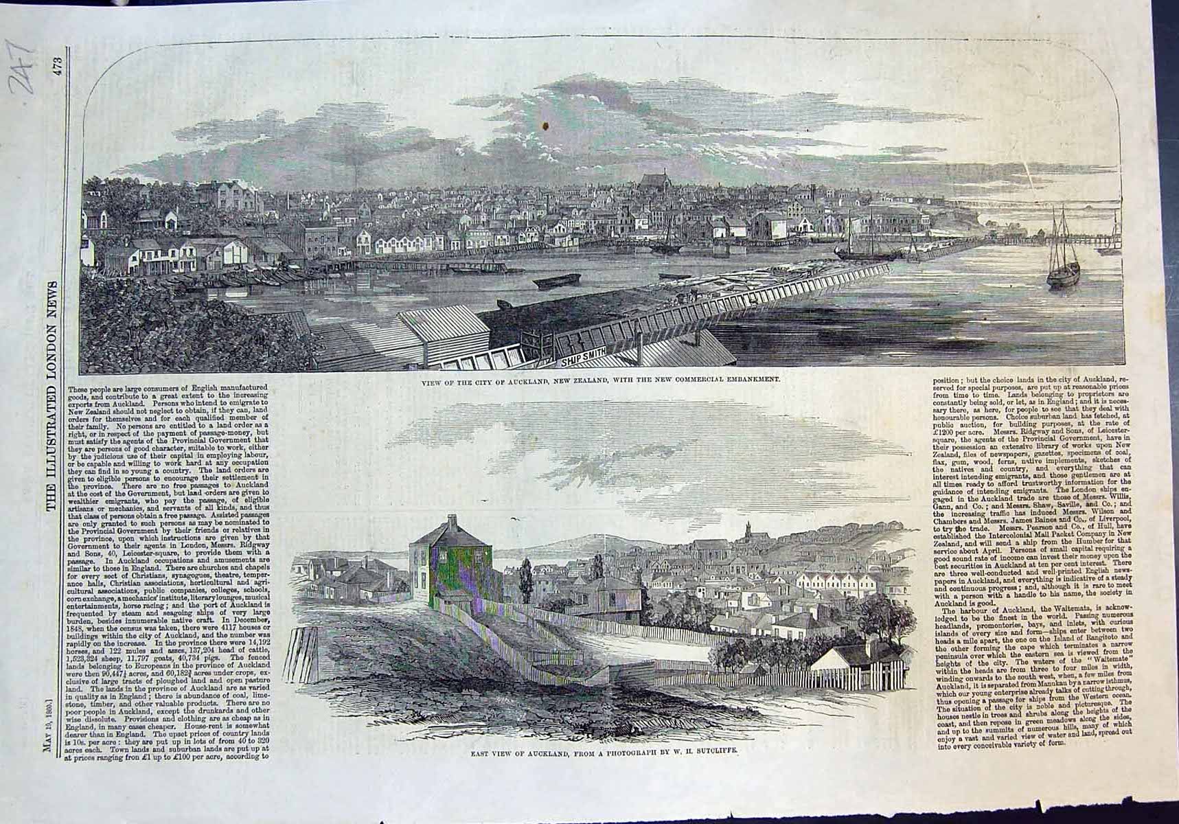 Antique Print City Auckland New Zealand New Commercial Embankment East 1860