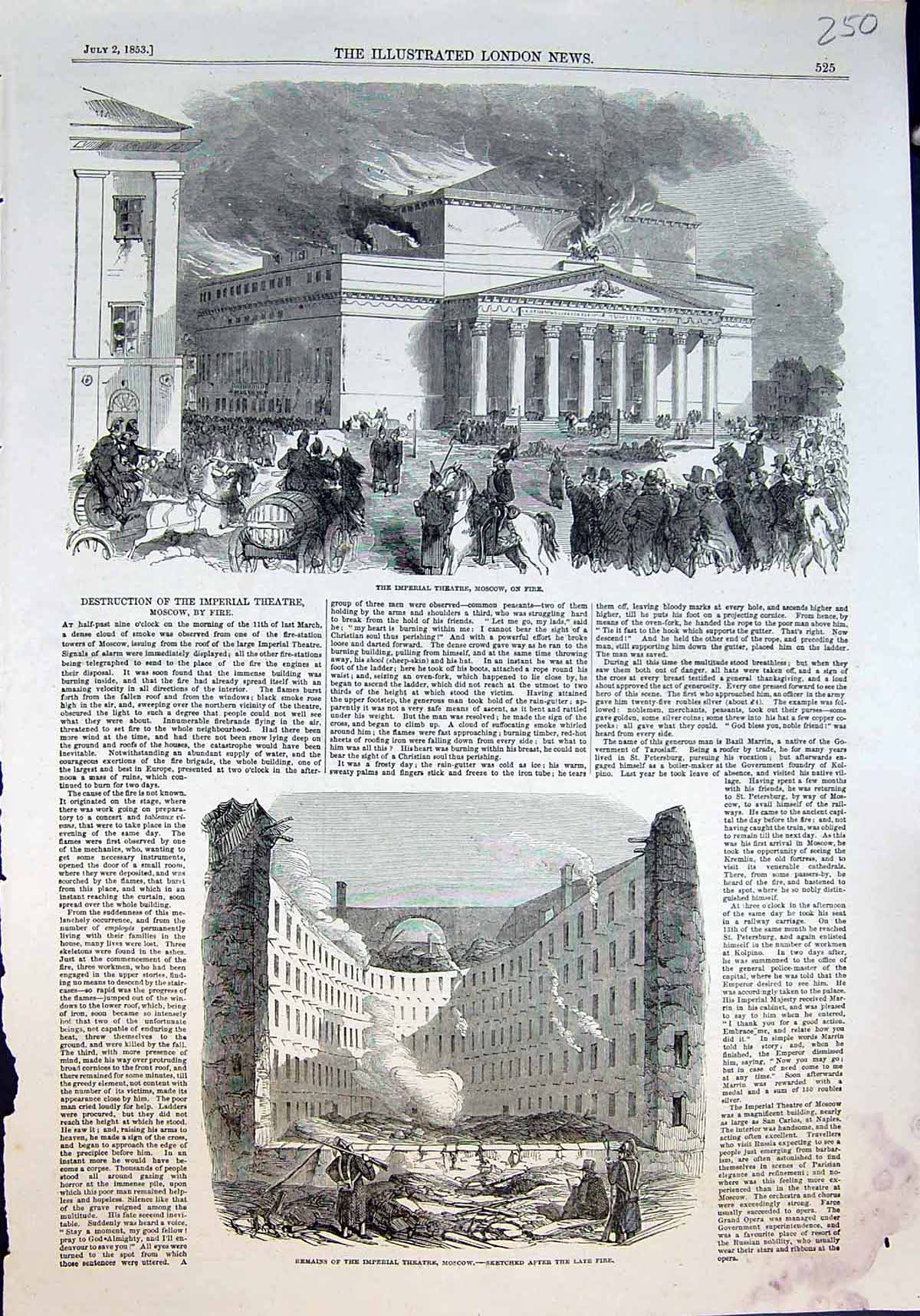 Old Antique Print Imperial Theatre Moscow On Fire Remains After Fire 1853 19th
