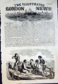 Original Old Antique Print Boatmen On Neva Oars Eating 1856 19th