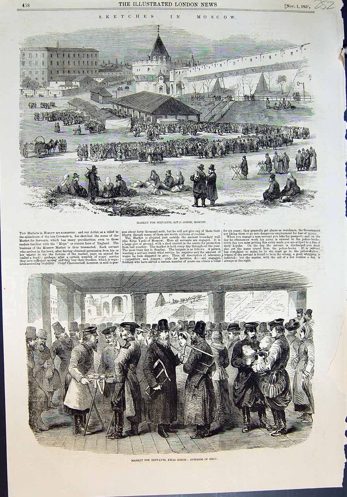 Old Antique Print Market Servants Kitai Gorod Moscow Interior Shed 1856 19th