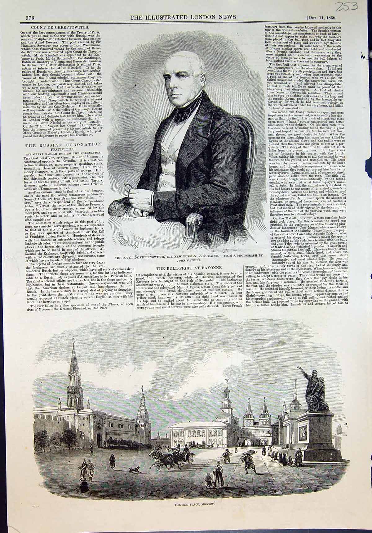 Old Print Count De Chreptowitch Russian Ambassador Red Place Moscow 1856 19th