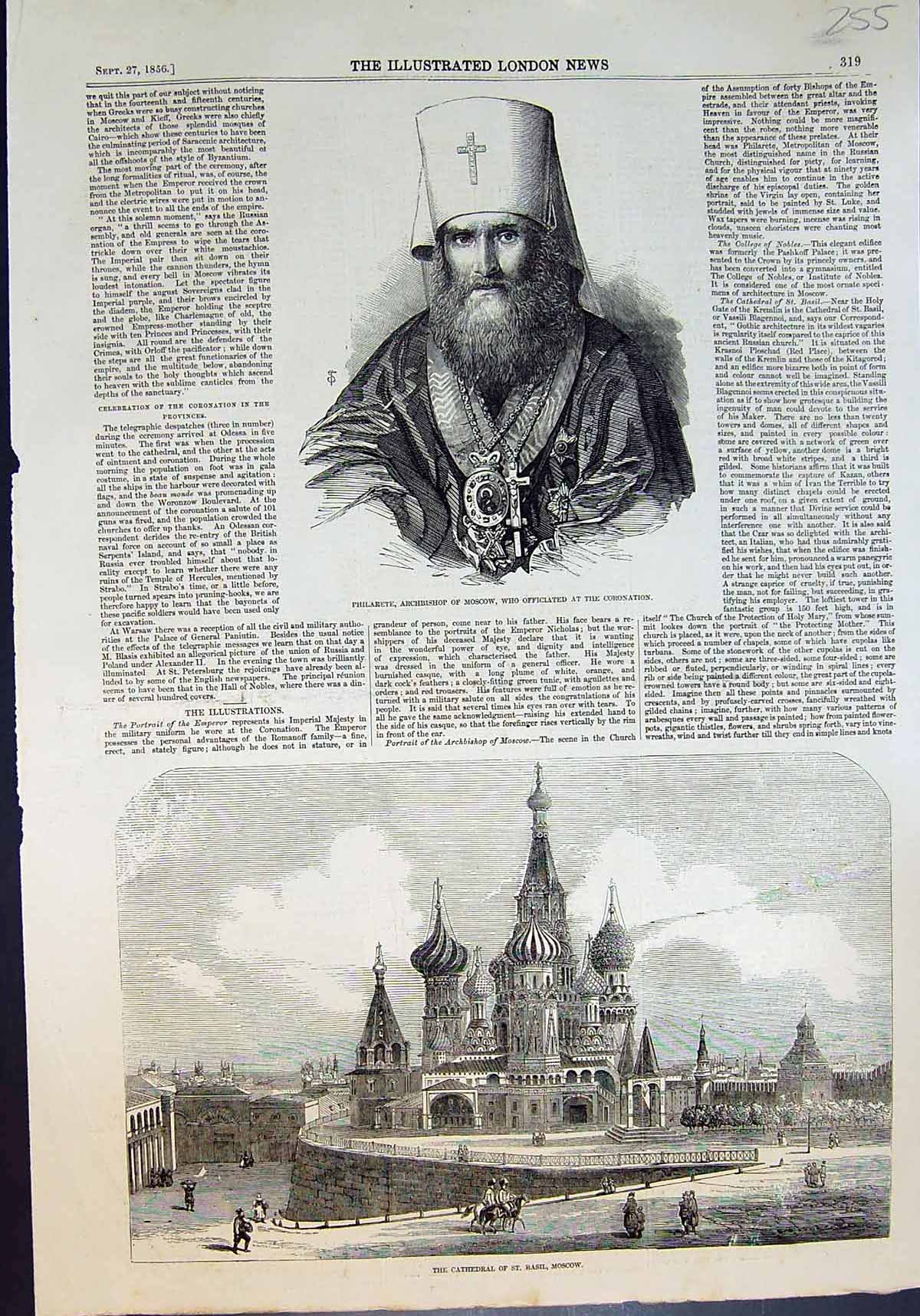 Antique Old Print Philarete Archbishop Moscow Cathedral St Basil Moscow 1856