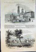 Antique Old Print Kremlin Moscow Tower Ivan King Bells Palace Petrovski 1856