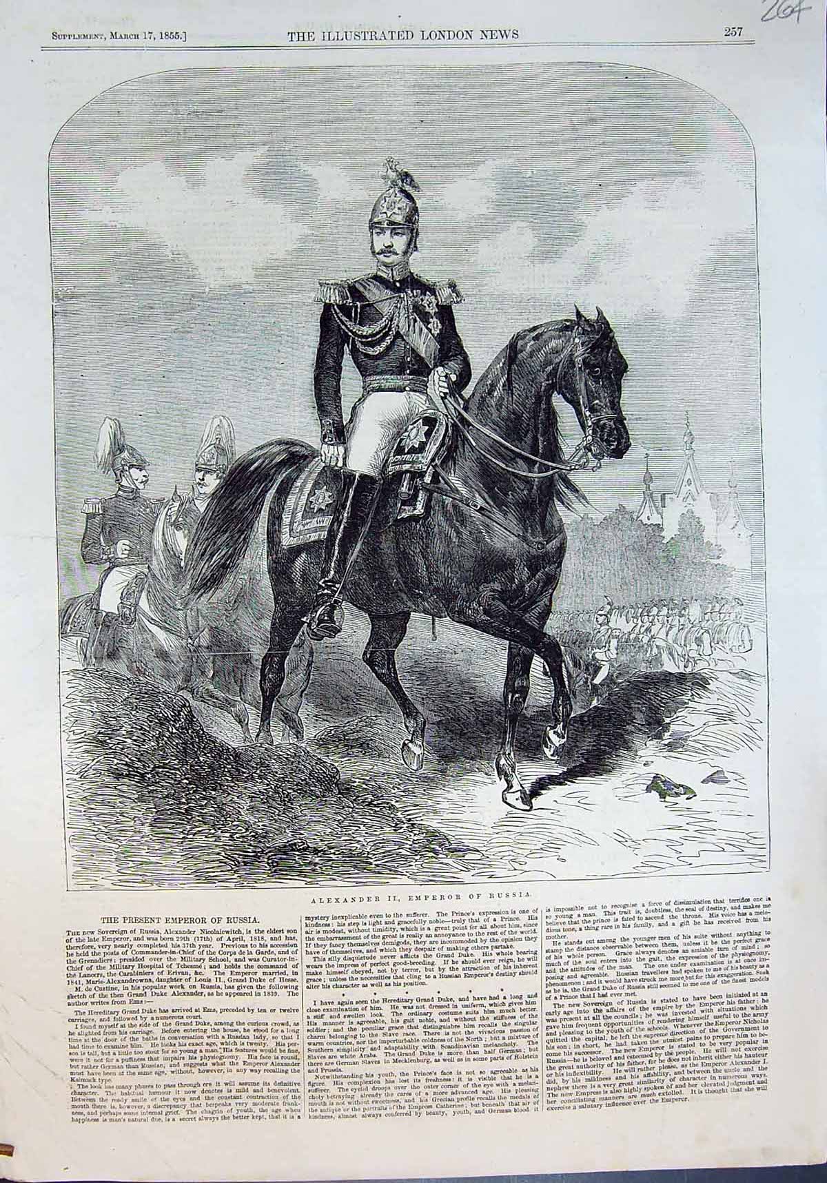 Original Old Antique Print Alexander 11 Emperor Russia Horseback 1855