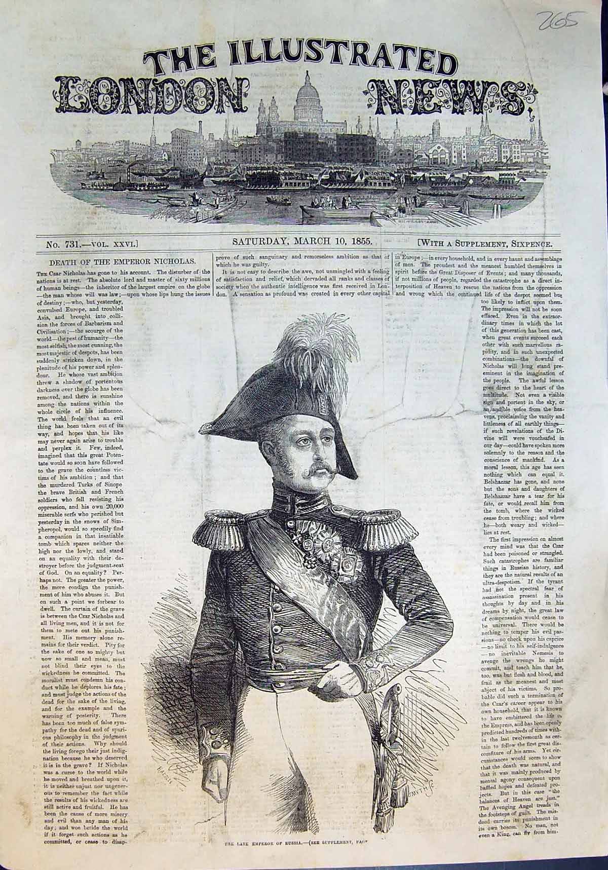 Original Old Antique Print Late Emperor Russia Czar Nicholas 1855 Victorian
