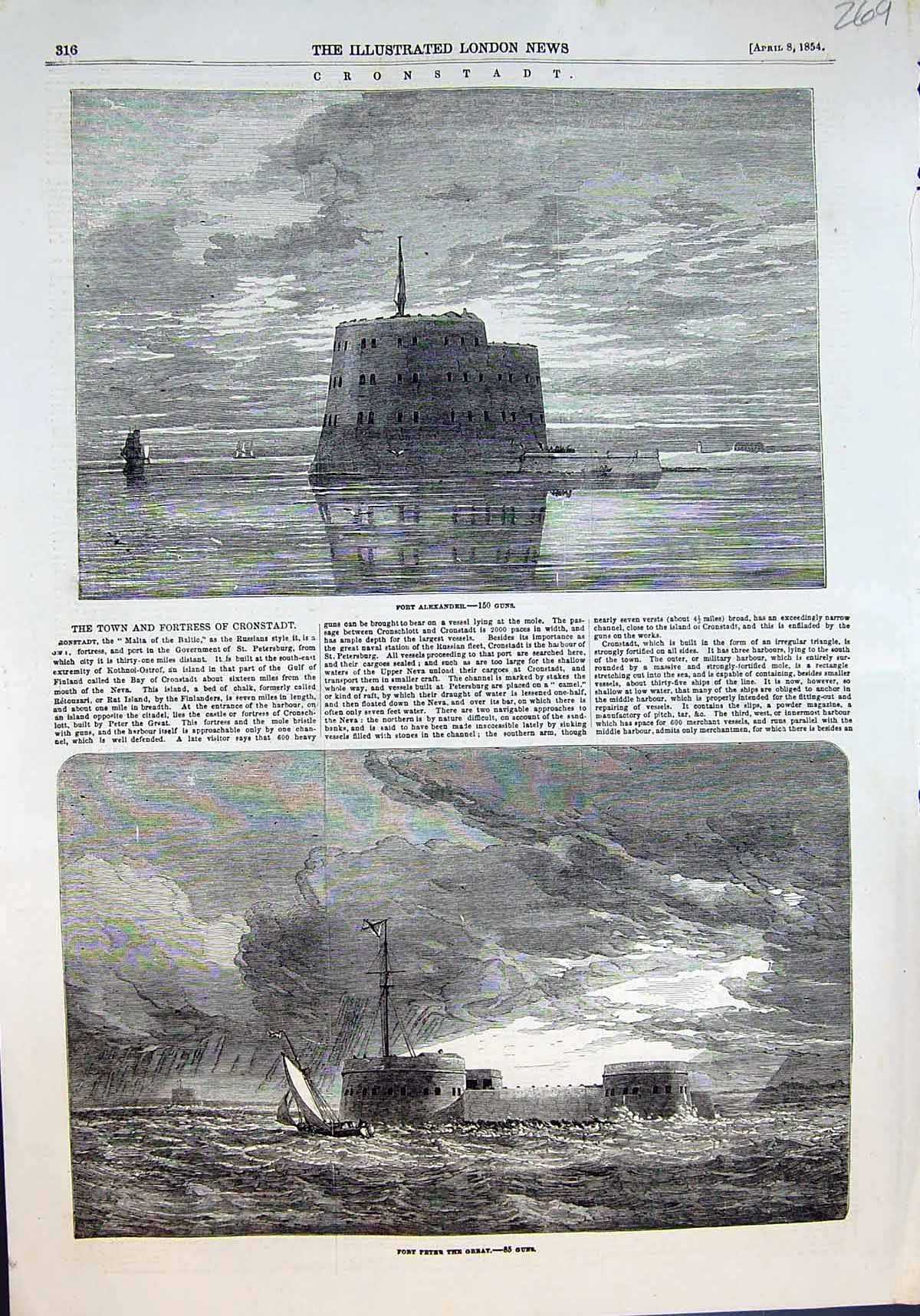 Old Print Cronstadt Fort Alexander 150 Guns Fort Peter Great 85 Guns 1854