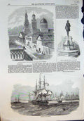 Antique Old Print Cronstadt Statue Peter Great Cathedral Church Saviour 1854