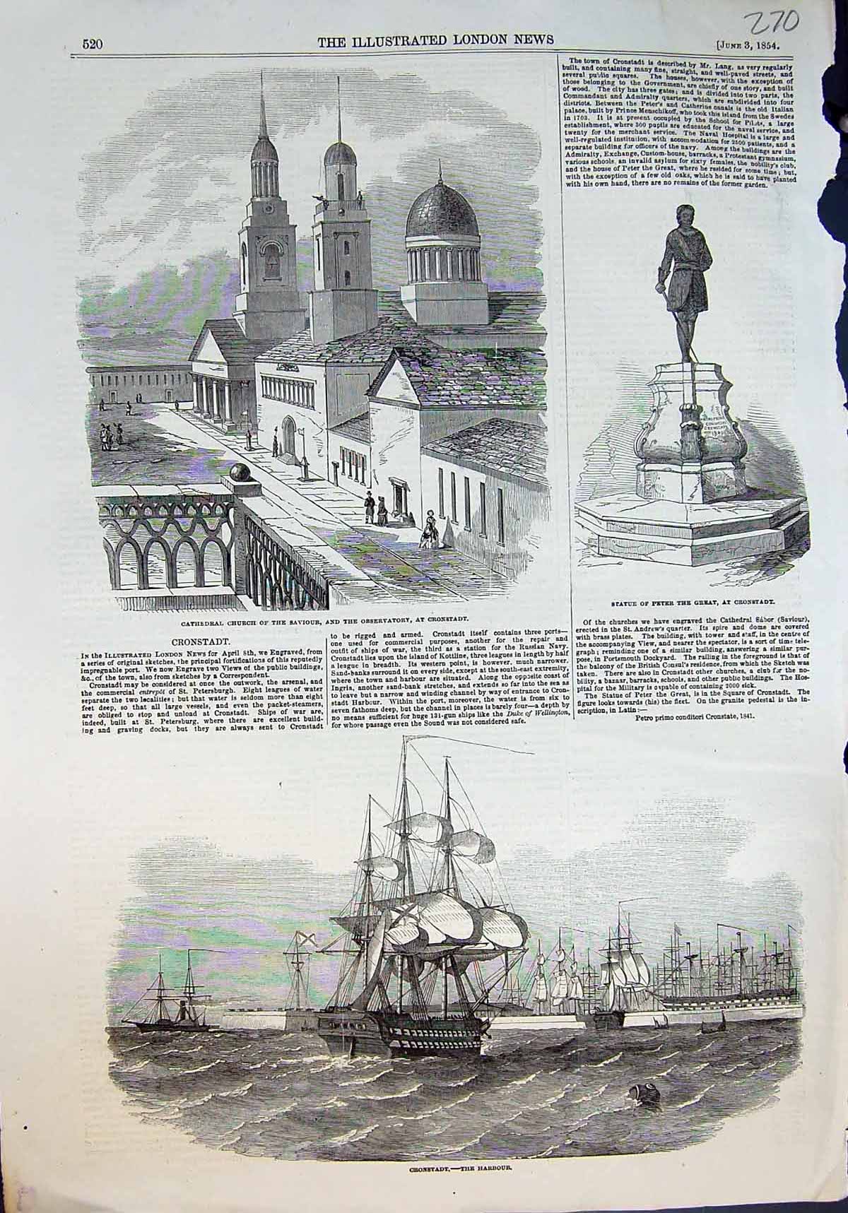Antique Old Print Cronstadt Statue Peter Great Cathedral Church Saviour 1854