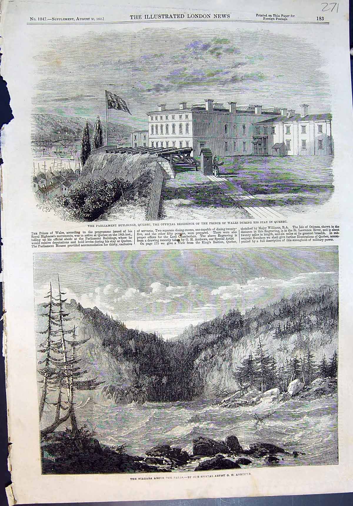 Old Print Parliament Buildings Quebec Niagara Above Falls G Andrews 1860 19th