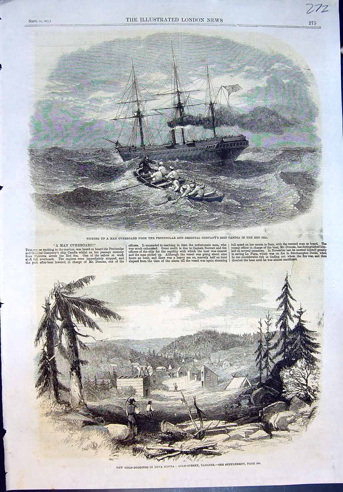 Antique Print New GDiggings Nova Scotia Man Overboard P O Candia Red Sea186