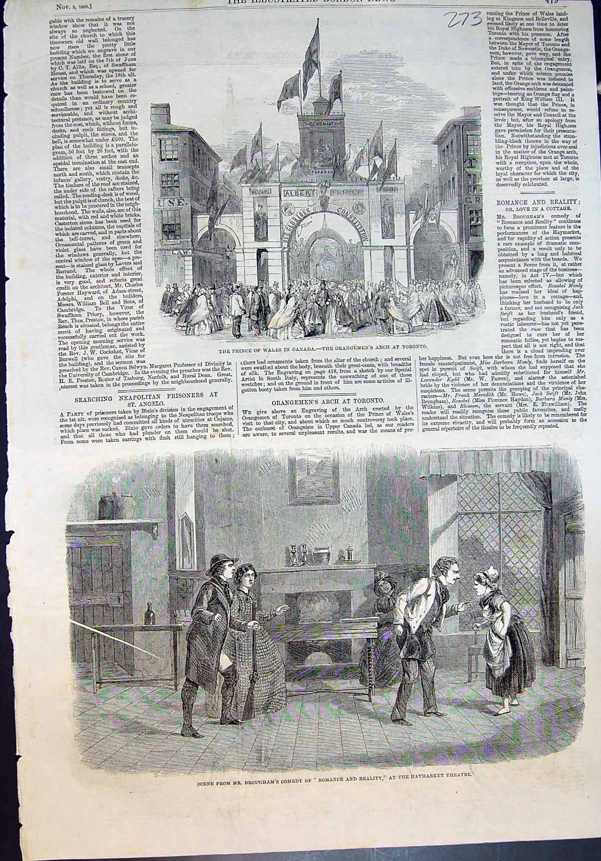 Old Print Prince Wales Canada Orangmens Arch Toronto Romance Reality 1860 19th